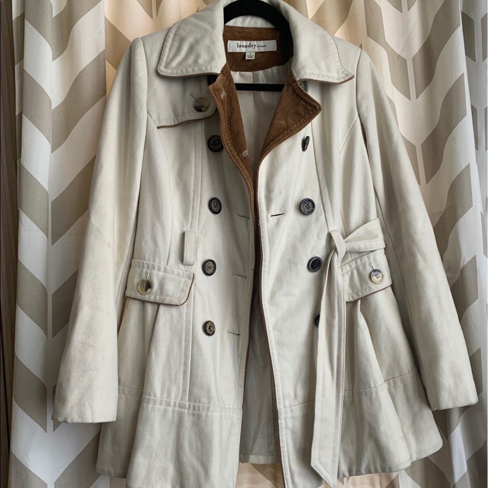 Cream wool blend flare trench with caramel details